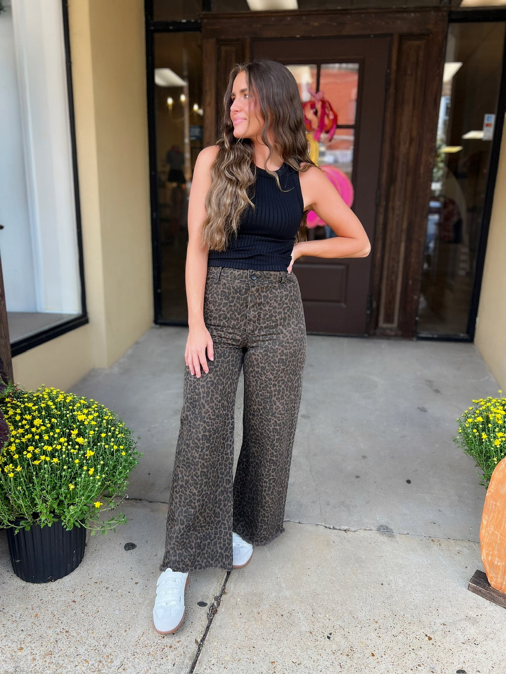 harlow olive leopard wide leg jean