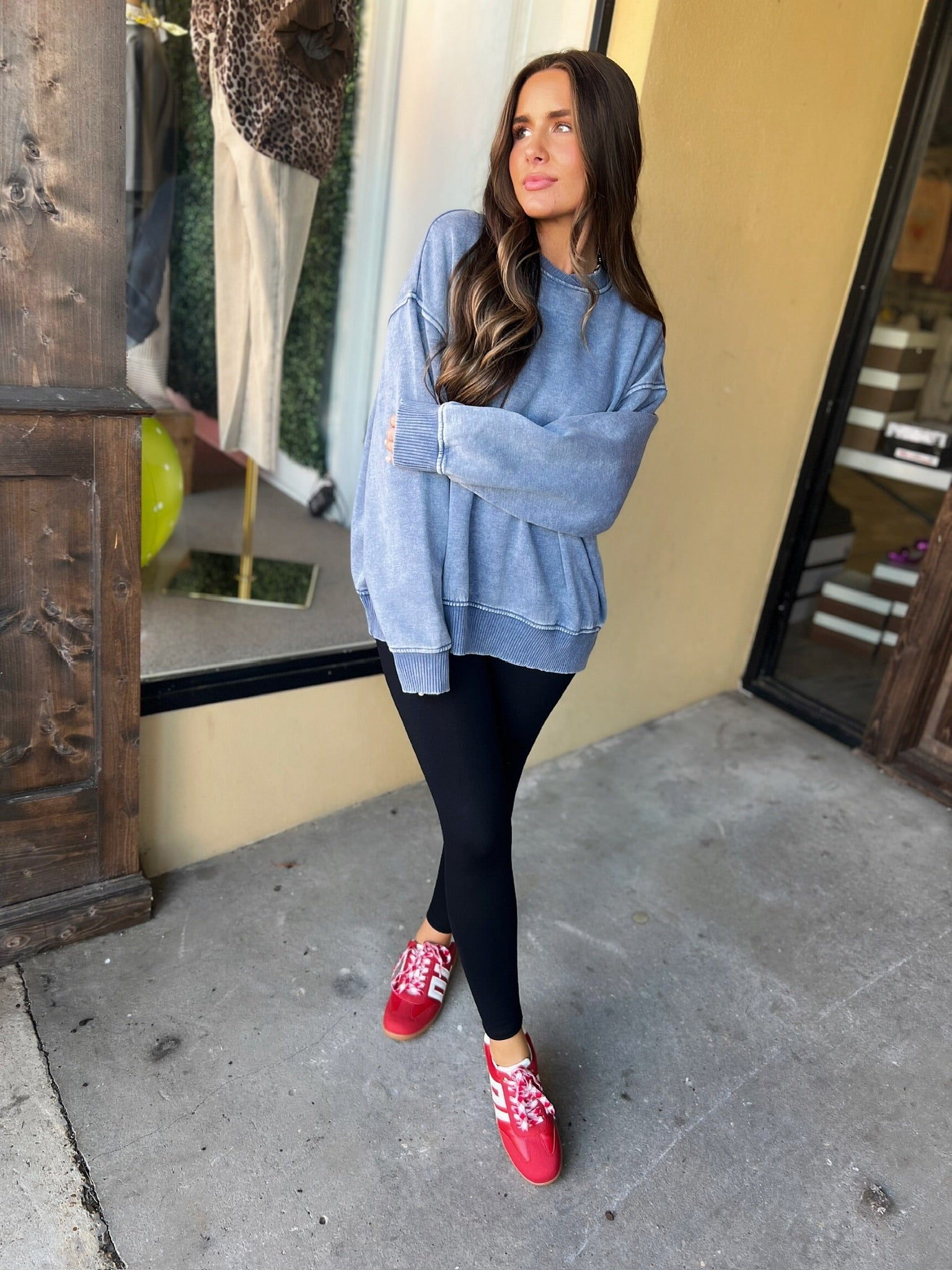 here for it pullover in washed navy