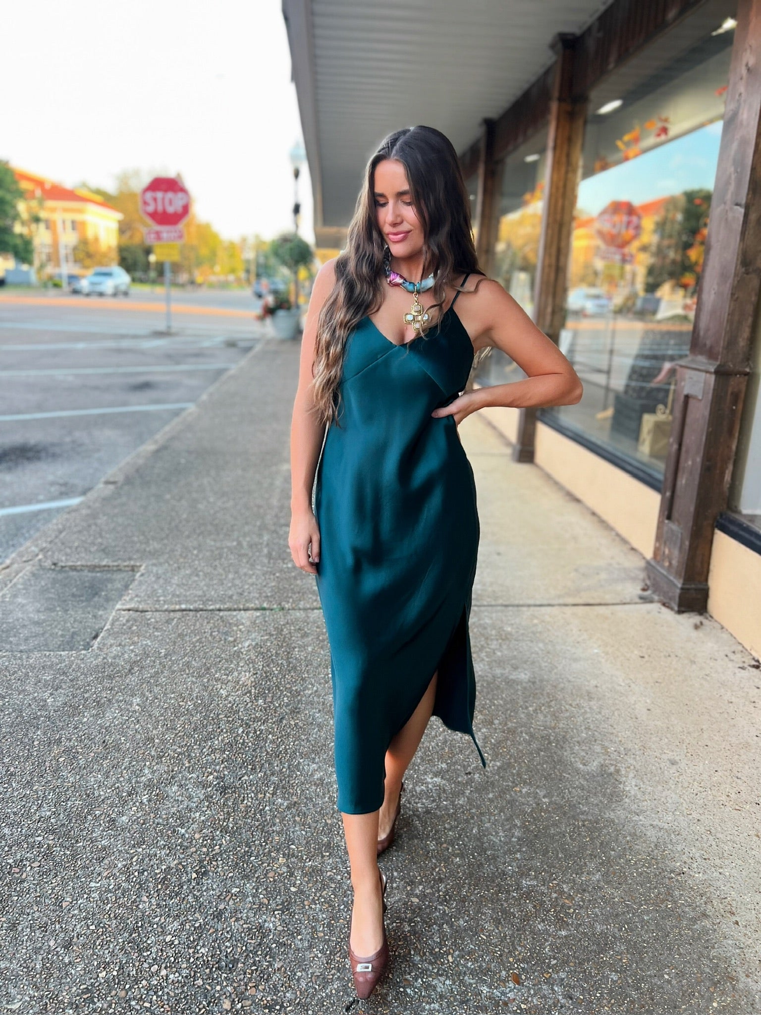 junction satin midi in emerald