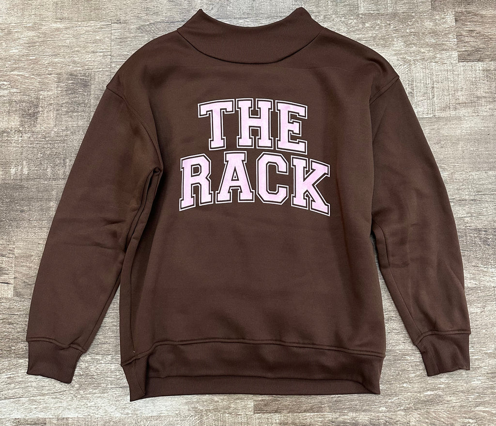 brown/pink “The Rack” mock neck sweatshirt