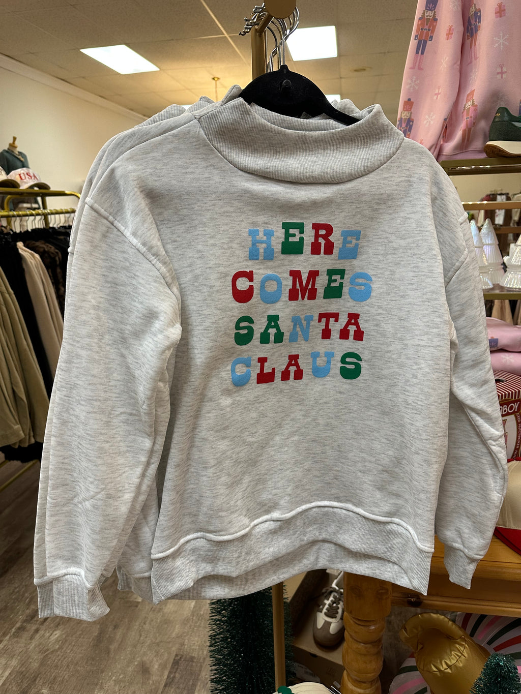 here comes santa claus mock neck sweatshirt