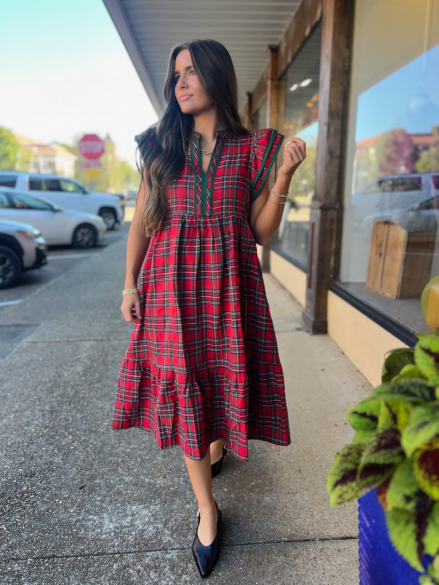 holiday plaid midi dress
