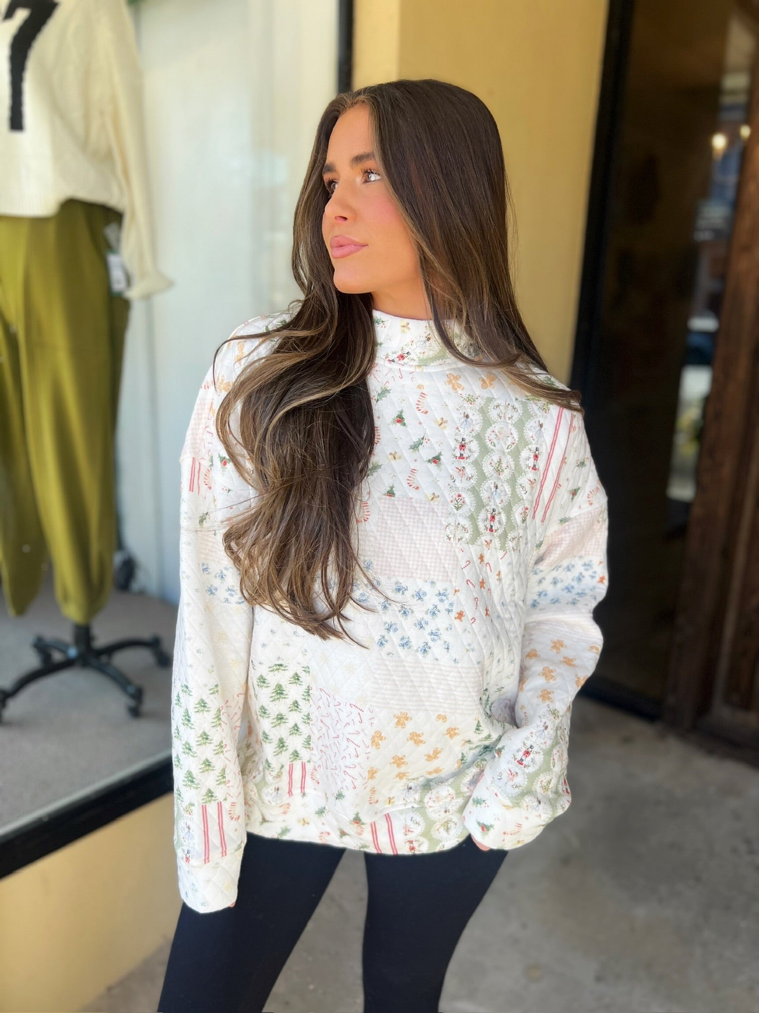 sunkissed coconut Christmas holiday quilted mock neck