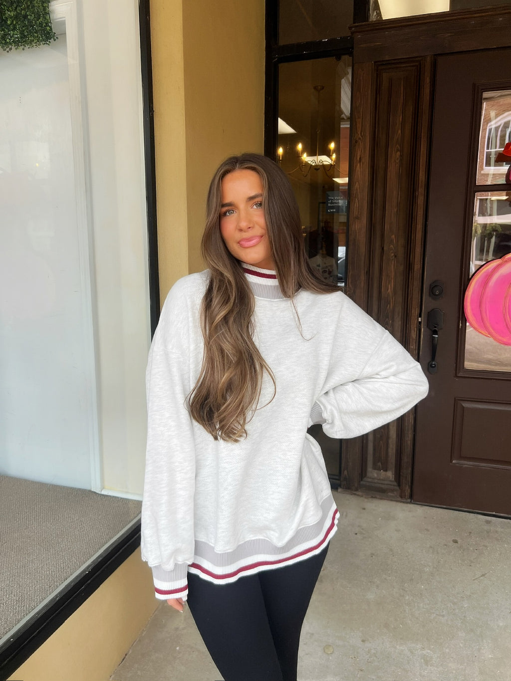 varsity stripe mock neck sweatshirt in heather grey
