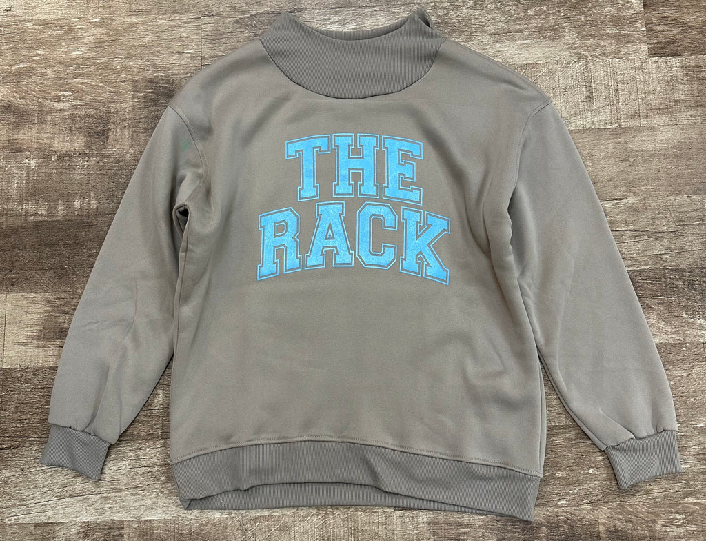 tan/blue “The Rack” mock neck sweatshirt