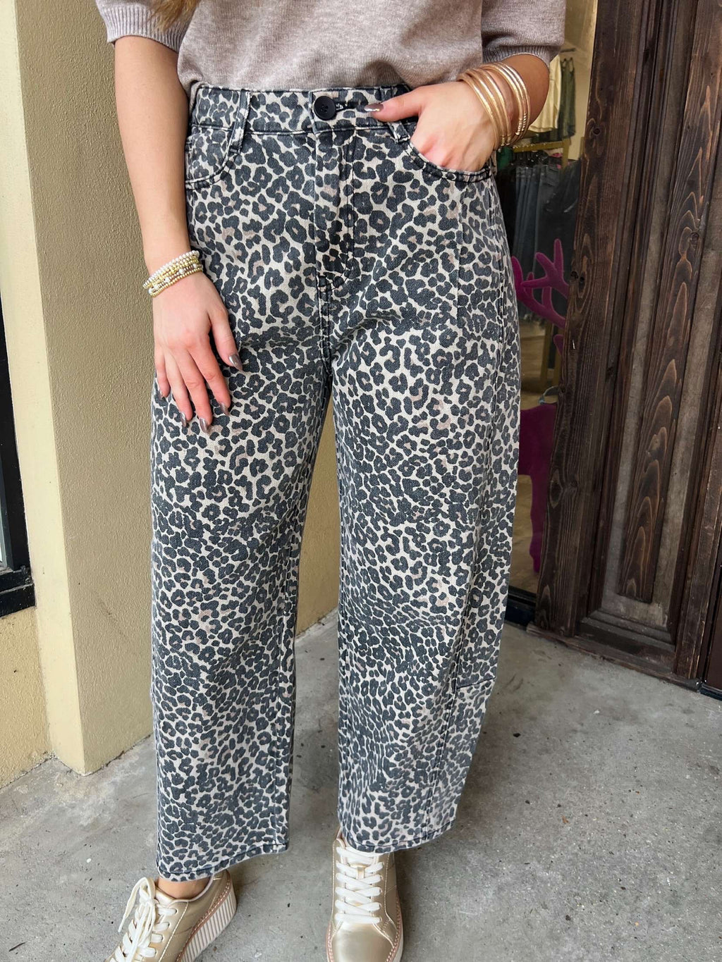 leopard barrel jeans